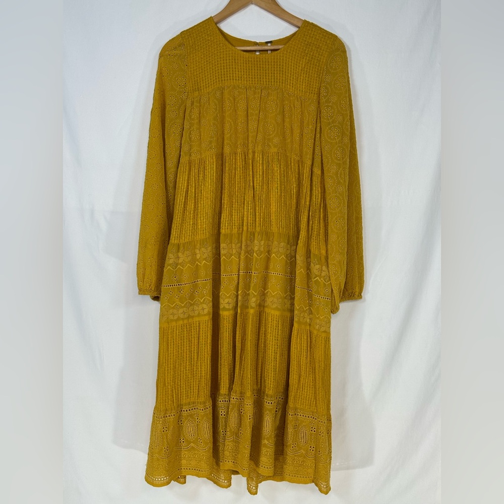 Free People Women's Gemma Midi Dress In Mustard Yellow Small Boho Layered Eyelet